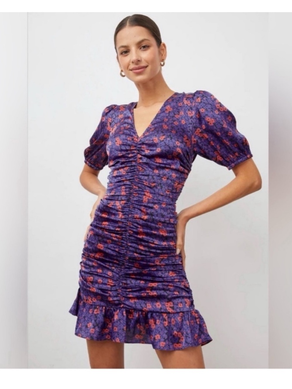 Rails Scarlette Dress Bloom Purple Floral Ruched Ruffled Puff Sleeve Size M